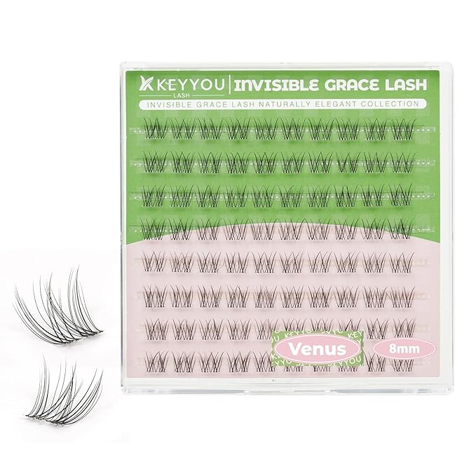 KEYYOU Venus Lash Clusters C Curl Fairy Lash Extension Eyelash Extension Wispy Natural Invisible Band Lash with Waterproof DIY Lash Extension at Home(Venus-C-8MM)