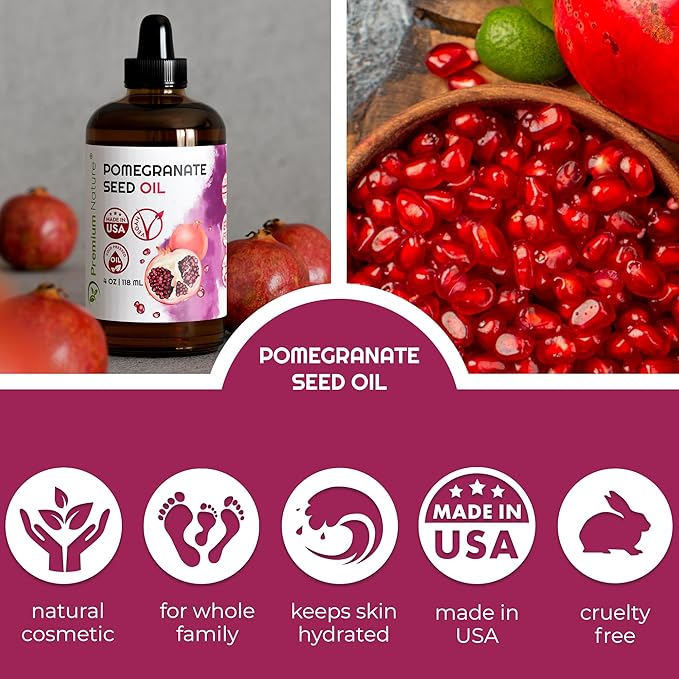 Premium Nature Pomegranate Seed Face Oil. 100% Pure Unrefined Cold Pressed for Essential Oils. Gua Sha Oil. Oil for Hair Skin and Nails 4 oz