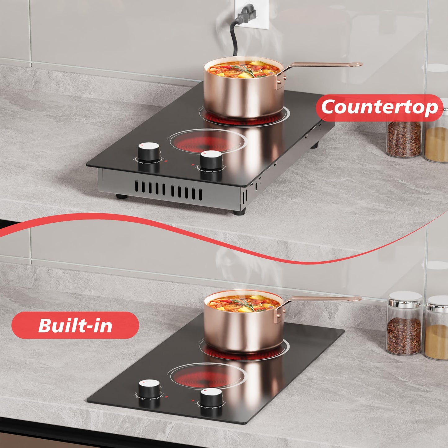 Electric Cooktop 2 Burner, 110V Electric Stove Top 2000W with Knob Control, 12 Inch Electric Radiant Cooktop Countertop & Built-in, Residual Heat Indicator, Over-Heat Protection, Plug in