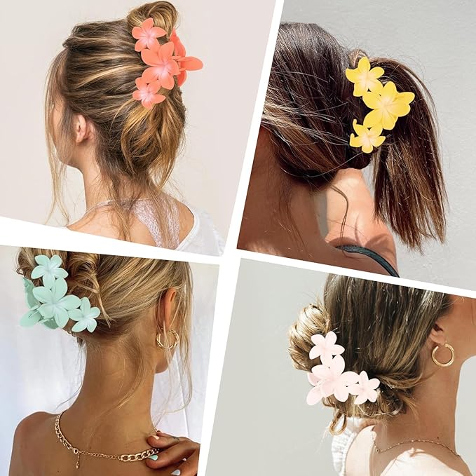 ANBALA 4PCS Flower Hair Accessories: Colorful Hawaiian Plumeria Claw Clips for Thick Hair - Large, Non-Slip, Strong Hold Beach Clips