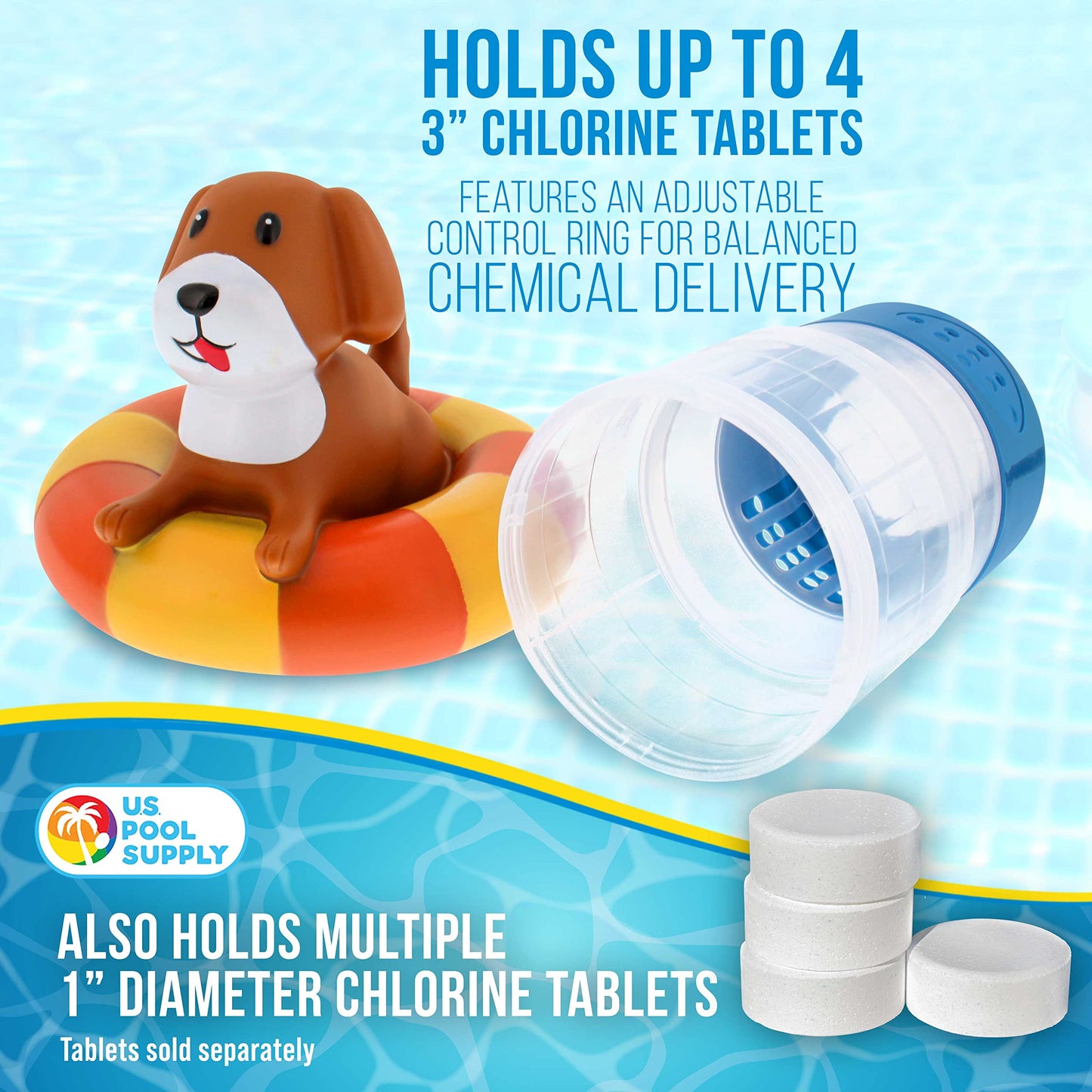 U.S. Pool Supply Puppy Dog Floating Pool Chlorine Dispenser, Collapsible Base, Holds 3" Tablets - 7" Fun Cute Happy Pet Life Preserver Animal Float Floater Decoration, Adjustable Balanced Delivery