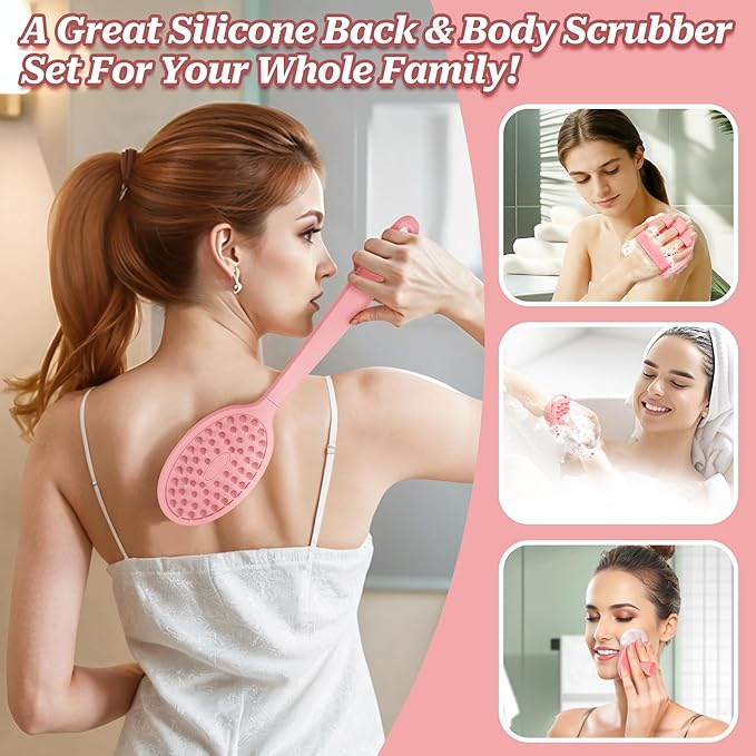Silicone Back/Body/Face Scrubber & Soft Bath Glove Set 4PCS, Gentle Exfoliating Back & Body Scrubber with Dual-Side Brush Head, Hand-fit Bath Glove & Face Scrubber for Deep Cleaning(Pink-4PC)