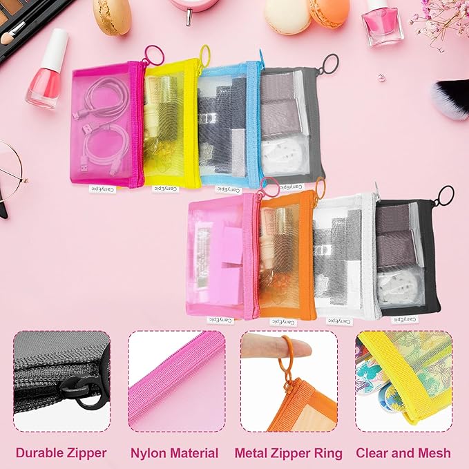 Mini Mesh Pouches(8 Pack), Small Mesh Bags with Zipper Nylon Makeup Pouches Bag Cosmetic Pouch Travel Purse Organizer Insert Diaper Inside Bag Organizers Home Organizing Size See Through Cute Colors