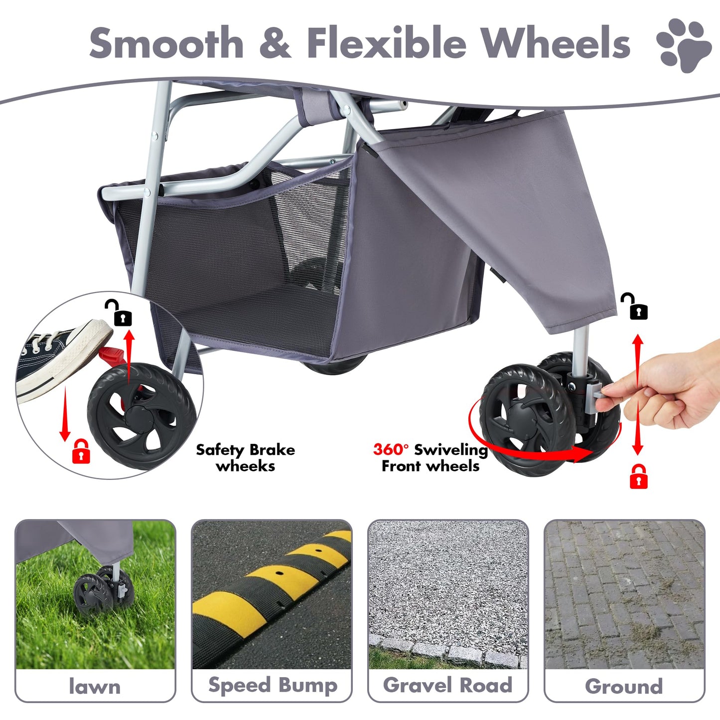 KMFurnila 3 Wheel Pet Stroller for Dogs and Cats, Foldable, Lightweight and Durable, Ideal for Small to Medium Pets, Includes Storage Basket and Cup Holders