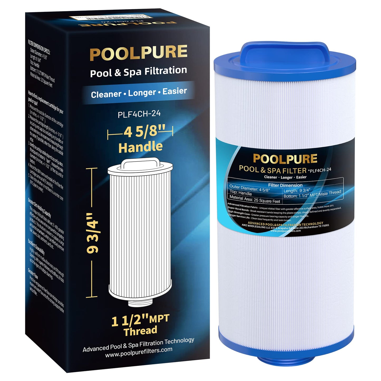 POOLPURE PLF4CH-24 Spa Filter Replaces Pleatco PGS25P4, Unicel 4CH-24, Filbur FC-0131, 20254-238, SD-00004, PAS-1217, 12519, AK-9004, SD-01103, Gatsby 25, 25 sqft Filter Cartridge 1 Pack