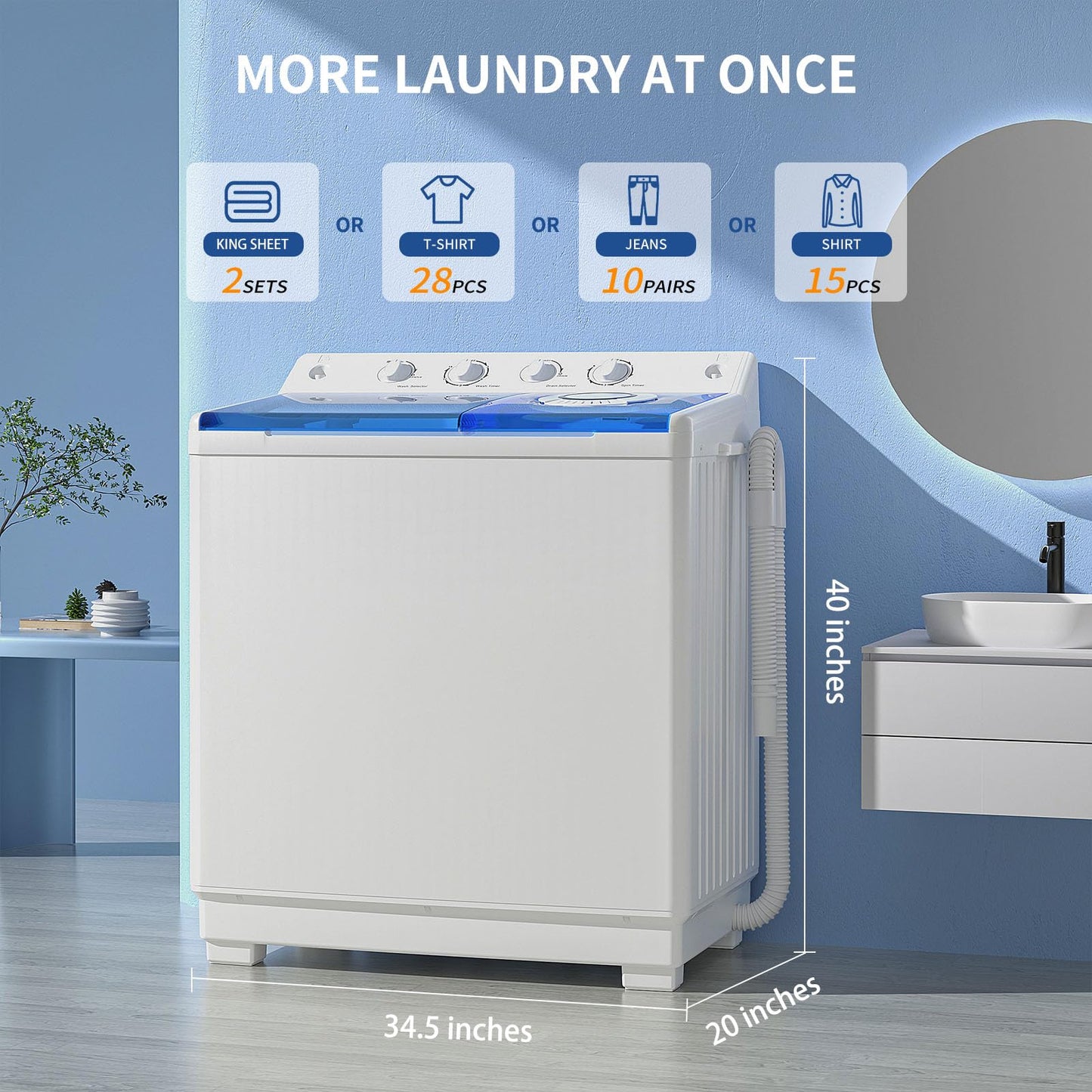 Zynkez Portable Washing Machine, 40Lbs Compact Washing machine, Twin Tub Laundry Washer Machine with Built-in Drain Pump, Semi-Automatic 24Lbs Washer and 16Lbs Spinner Combo for Apartments, Dorms, RVs
