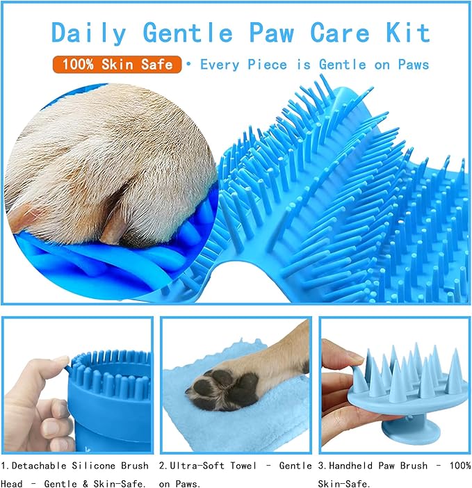 Dog Paw Cleaner Kit for Medium & Small Dogs - Quick Clean No Full Bath, 2-in-1 Paw Wash Cup with Detachable Silicone Brush Head, Includes Bath Brush & 3 Absorbent Towels, Blue