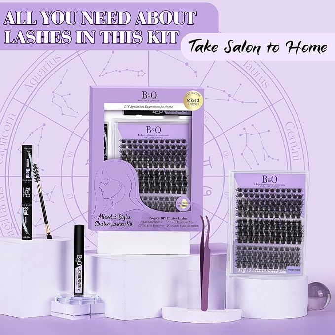 B&Qaugen Lash Clusters 156PCS Lash Clusters Kit B01+B02+B19 DIY Lash Extension Kit Eyelash Extension Kit 8-18mm Wispy Lashes Clusters with Lash Bond & Seal Lash Applicator Tool for DIY (Andromeda)