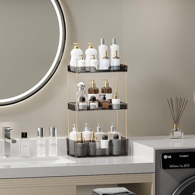 Akinbas 3 Tier Bathroom Organizer Countertop Makeup Perfume Tray Skincare Organizer for Bathroom Dresser Vanity (Grey)
