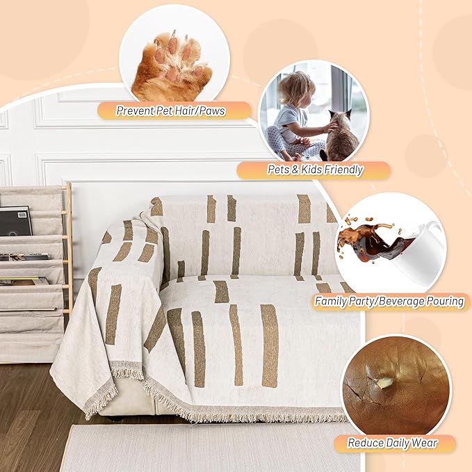 MYSKY HOME Sofa Covers for Sectional Sofa, Couch Cover for Dogs, Couch Covers with Tassel Loveseat Covers Futon Cover L Shaped Cover Washable Chenille Couch Protector, 71" x 102", Khaki Piano Key