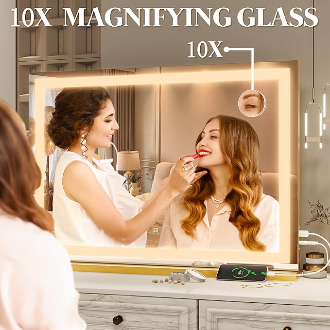 FENNIO Vanity Mirror with Lights 32"x22", Lighted Makeup Mirror, Large Vanity Mirror, Touch Sensor with 3-Color Lighting, 10X Magnification and USB Charging Port for Vanity Desk（Square Gold）