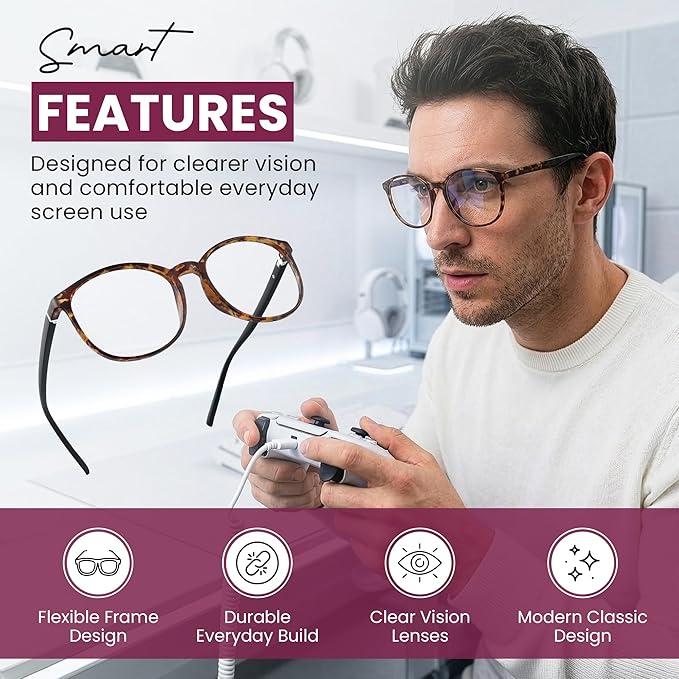 LifeArt Round Blue Light Blocking Glasses, Computer Glasses, Gaming Glasses, TV Glasses for Women Men (Tortoise, No Magnification)