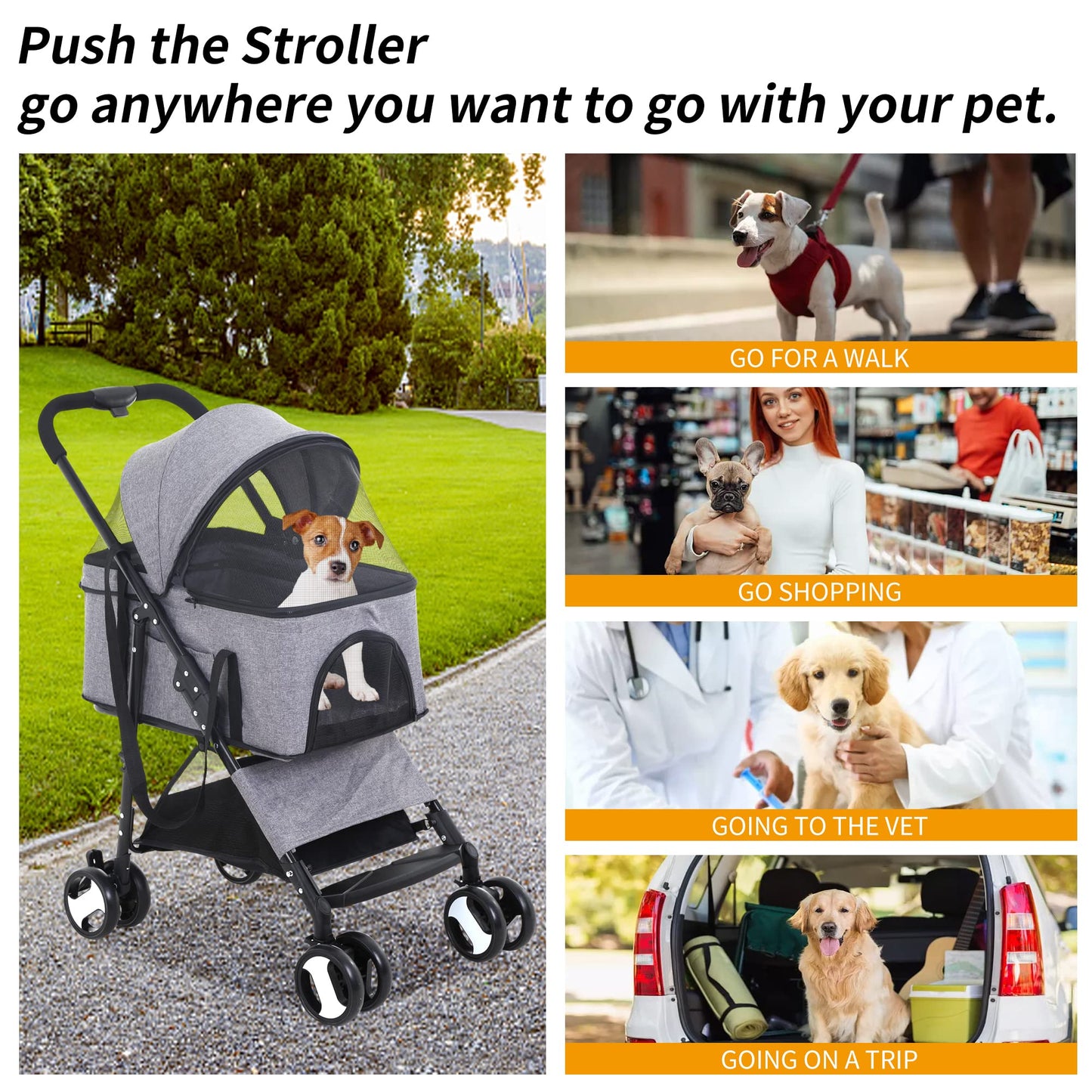 BLKMTY Dog Stroller 3-in-1 Folding Pet Strollers Cat 4 Wheels w/Storage Basket Dog Carrier Trolley One-Button Switch Travel Stroller with Safety Belt Detachable Carrier, Grey