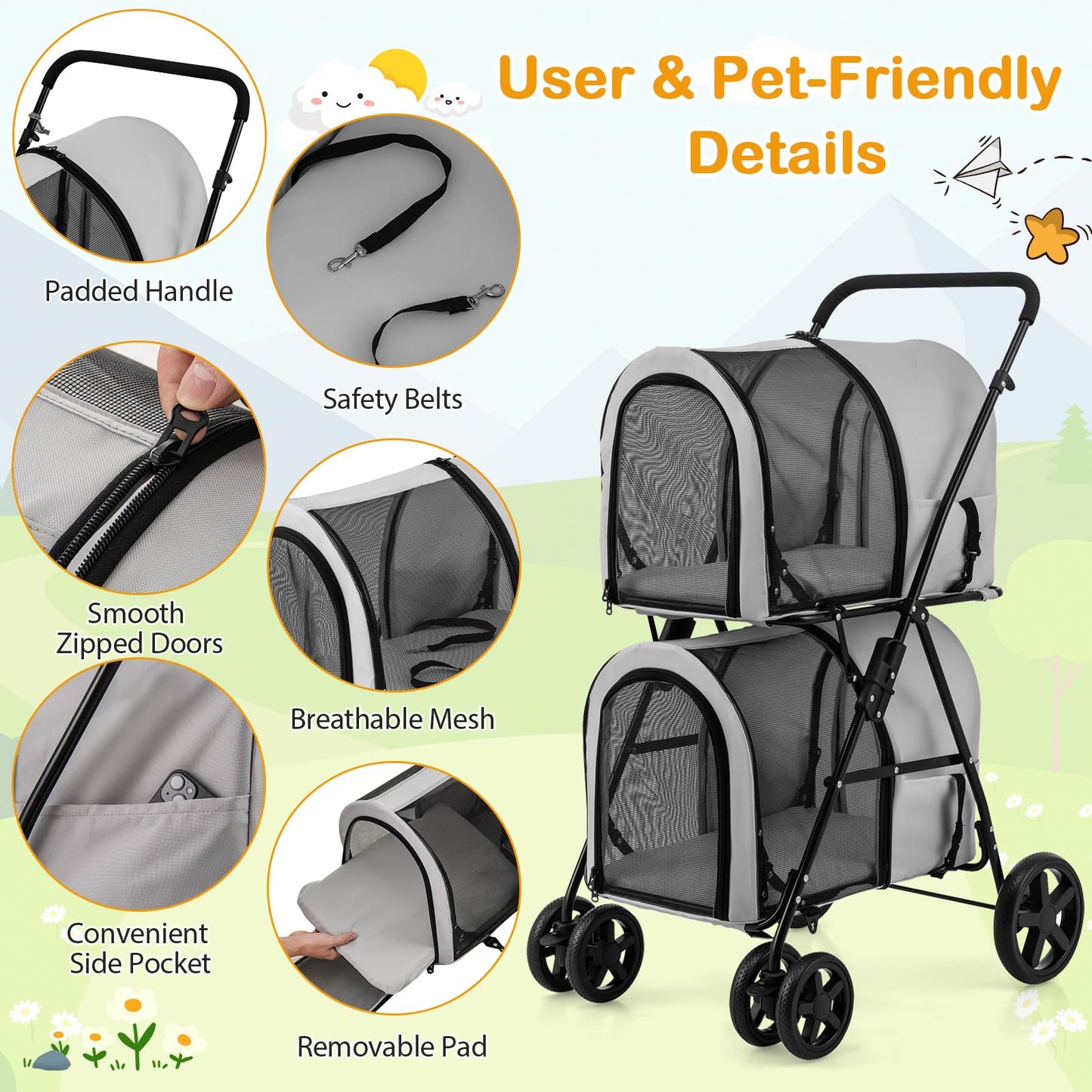 Giantex Double Pet Stroller with 2 Detachable Carrier Bags, Safety Belt, 4 Lockable Wheels, Folding Cat & Dog Stroller for Small Medium Pets, Cats Dogs Puppy Travel Strolling Cart (Gray)