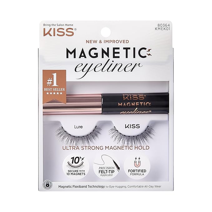 Kiss Magnetic False Eyelashes and Eyeliner, 'Lure', 12mm, Easy to Apply, Reusable, No Glue, Flexiband Technology, Precision Felt Tip, Fortified Formula, 1 Pair Strip Lashes