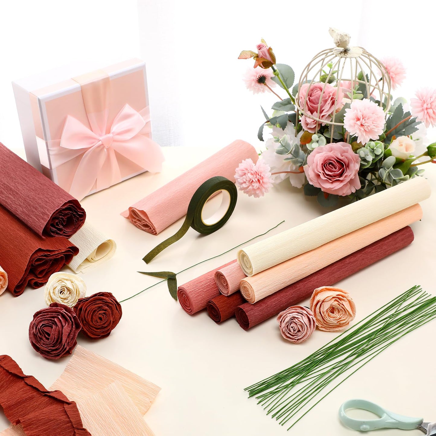 Gersoniel 57 Pcs Crepe Paper Flower DIY Kits 6 Rolls 35g Papel Crepe Sheets 50 Pcs Floral Iron Wire 10 Inch x 8 Feet 1 Roll 50 Meter for Birthday Party Wedding(Pink Series)