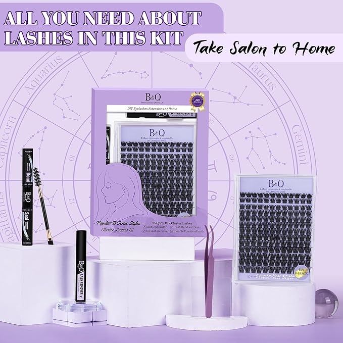 B&Qaugen Lash Extension Kit B05 Eyelash Extension Kit B&Q DIY Lash Extension Kit 156 PCS Lash Clusters 8-18mm Cluster Eyelash Extensions Kit with Lash Bond and Seal Lash Applicator Tool (Kit,B05)