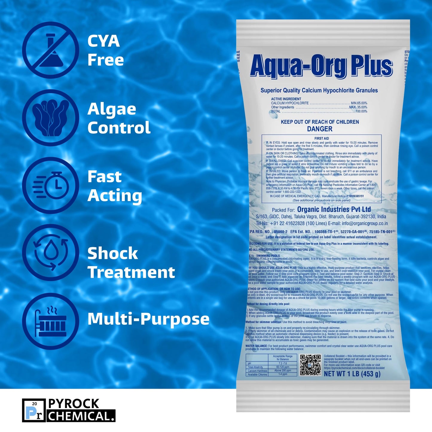 Pool Shock by Pyrock Chemical Aqua Org Plus - 65% Granular Cal Hypo - Swimming Pool Shock for In-Ground, Above Ground, Spas & Hot Tubs (24x1 lb Bags)