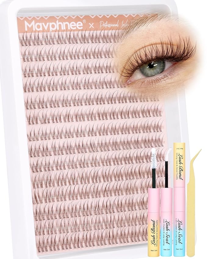 Mavphnee Brown Lash Clusters Kit Natural Cluster Eyelash Extensions Kit 10-12MM Short C-Curly Lash Extension Individuals 168 Pcs DIY Clusters Lashes for Beginners with Bond and Seal Clear