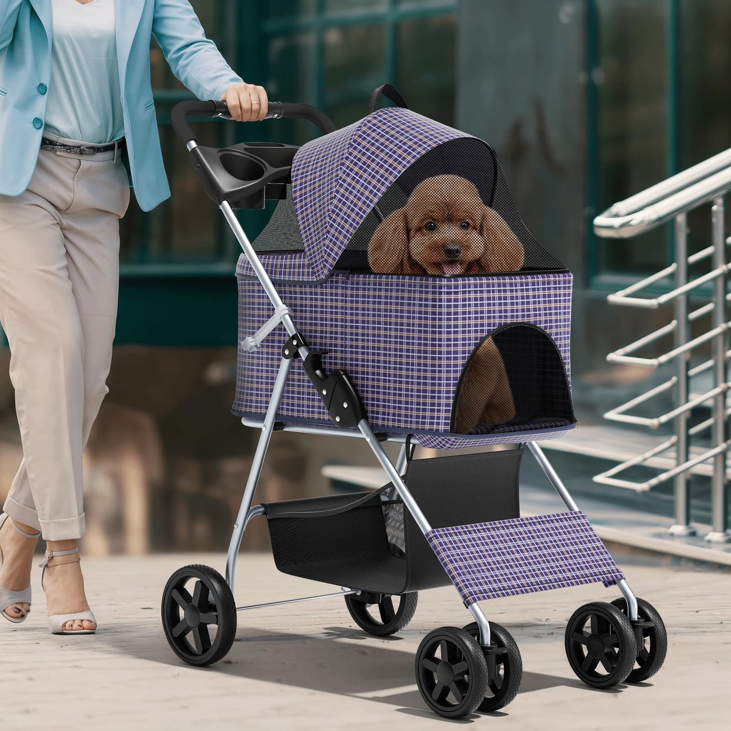 Magshion Foldable Pet Stroller, 3-in-1 Dog Travel Jogger with Detachable Carrier, Cup Holder, Storage Basket, Folding Carrier for Small/Medium Dogs & Cats Up to 33 lbs, Plaid