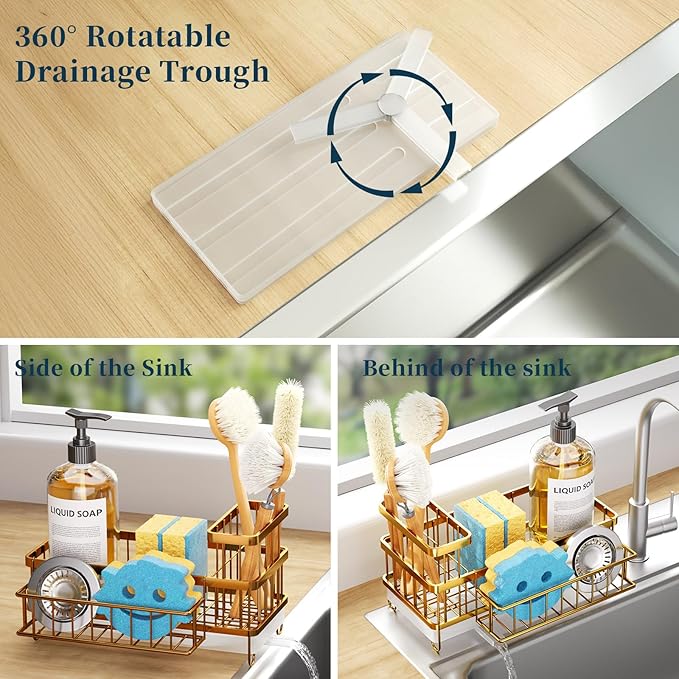 Consuemst Sponge Holder for Kitchen Sink - Auto Draining Sink Caddy Organizer with Detachable Rack, High Brush Holder, Kitchen Countertop Storage Accessories, Gold