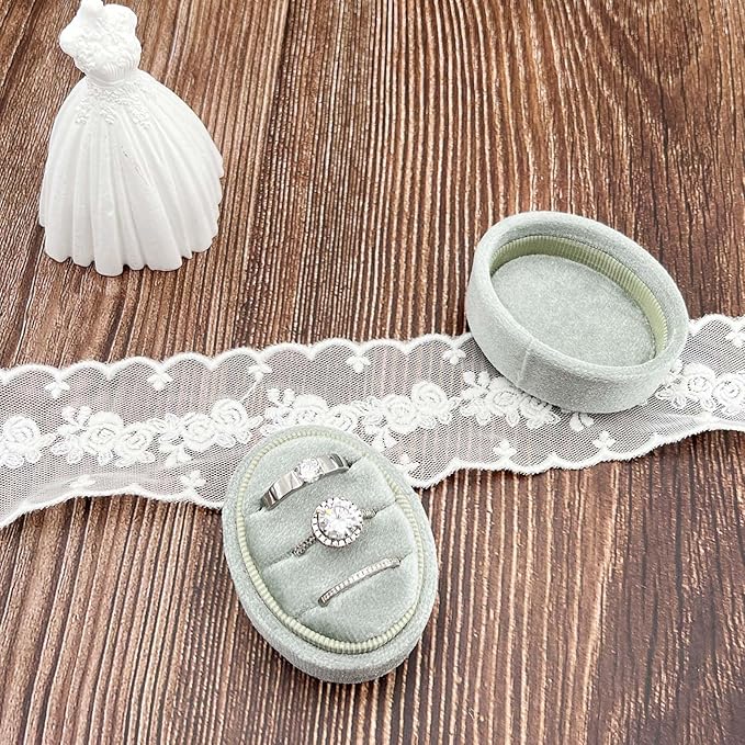 Velvet Oval Ring Box 3 Slots - Premium Wedding Three Rings Box Vintage Handmade Storage Jewelry Organizer for Proposal, Engagement, Wedding Ceremony, Christmas (Sage Green)