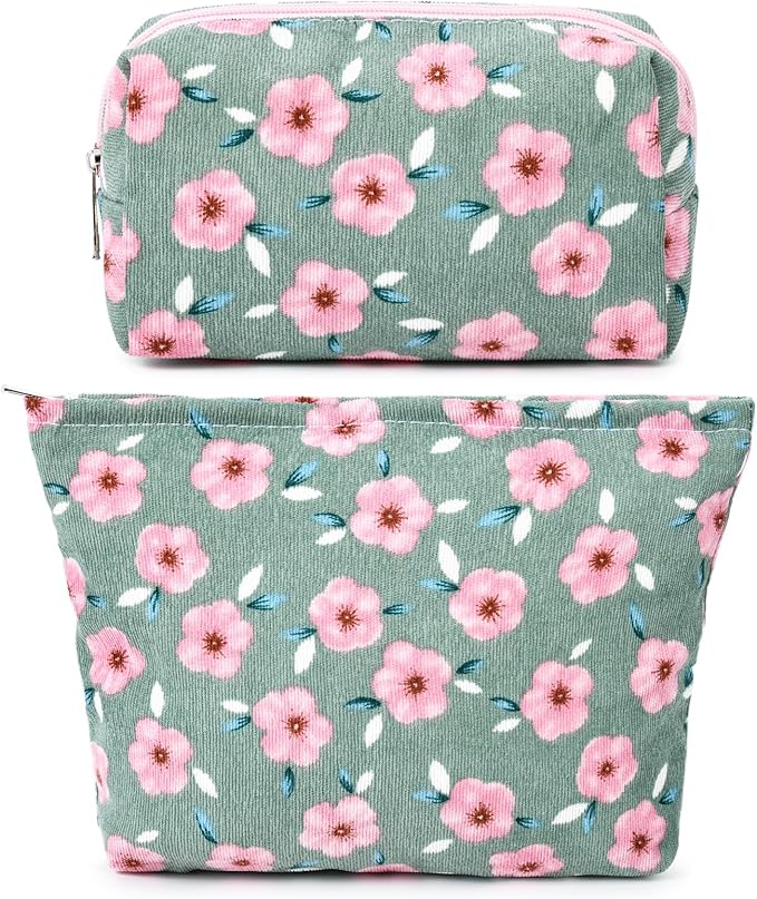 SOIDRAM 2 Pieces Sakura Makeup Bag Large Cosmetic Bag Capacity Canvas Mix Travel Toiletry Bag Organizer Cute Makeup Brushes Aesthetic Accessories Storage Bag for Women, Sakura Mix Green