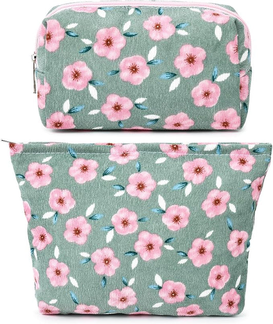 SOIDRAM 2 Pieces Sakura Makeup Bag Large Cosmetic Bag Capacity Canvas Mix Travel Toiletry Bag Organizer Cute Makeup Brushes Aesthetic Accessories Storage Bag for Women, Sakura Mix Green