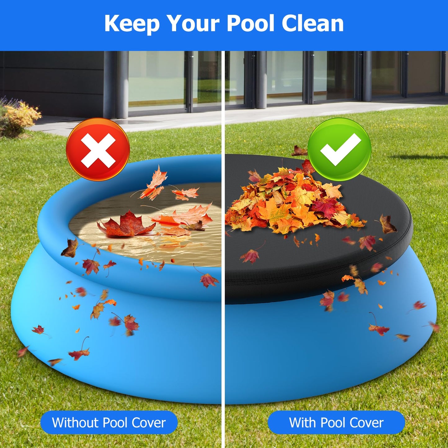 8 ft Round Pool Cover, Compatible with Intex/Bestway Outdoor Round Inflatable Above Ground Swimming Pool, Elastic Bands for Easy Installation, No Drain Holes, Prevent Leaves, Debris and Dust