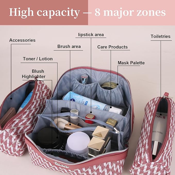 BOYATU Travel Makeup Bags for Women: Large Capacity Cosmetic Bag Set of 3 - Vegan Leather Make up Bags with Compartments - Wide Open Waterproof Toiletry Organizer Bag with Handle (P-03-Red)
