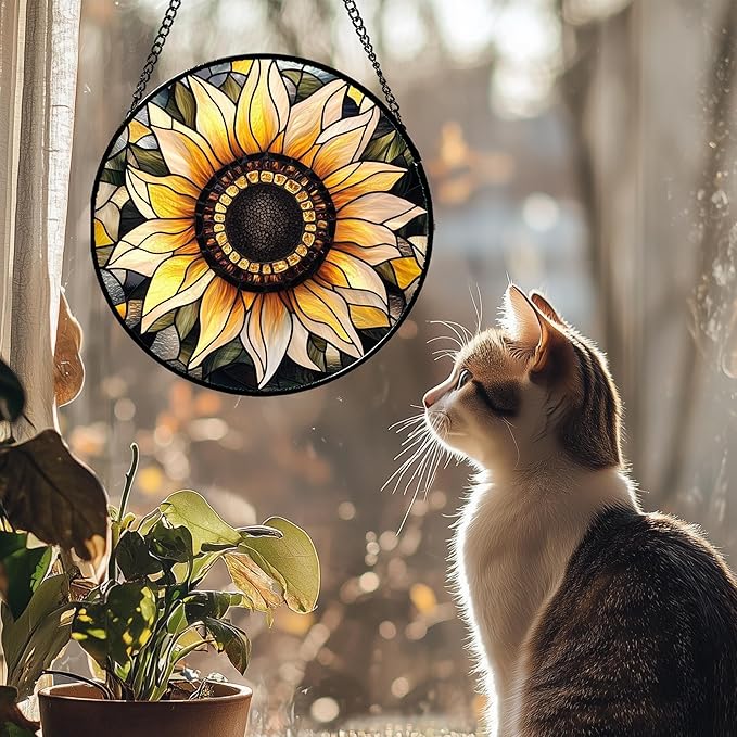 CRISGIF Stained Glass Window Hanging - Sunflower Suncatcher for Door Garden Patio Retro Flower Sun Catchers Decor Christmas Mother's Day Birthday Gifts for Women Mom Nana Friend Wife 15 in