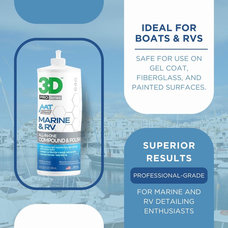 3D Marine & RV All-in-One Gel-Coat Compound & Polish – Removes Oxidation, Swirls, & P2000 Scratches, Deep Shine Wax Protection, No Fillers, 32oz