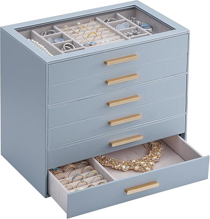 Lolalet Jewelry Box Organizer, 6-Layer Jewelry Organizers and Storage Case with Glass Lid, Ring Earring Bracelet Necklace Holder Organizer, Birthday Valentine Gifts for Women Girls -6Layer, HazeBlue