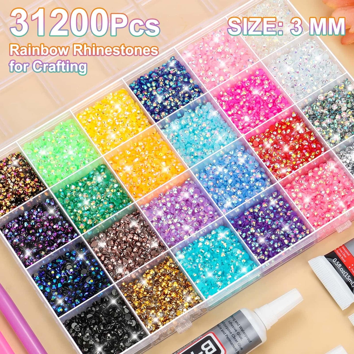 B7000 Glue with Rhinestones for Bedazzling Crafting, 31200Pcs Rainbow Crystals 3MM Flat Back Gems with Jewelry Glue Adhesive for DIY Graduation Cap Decorations Phone Case Wedding Shoes