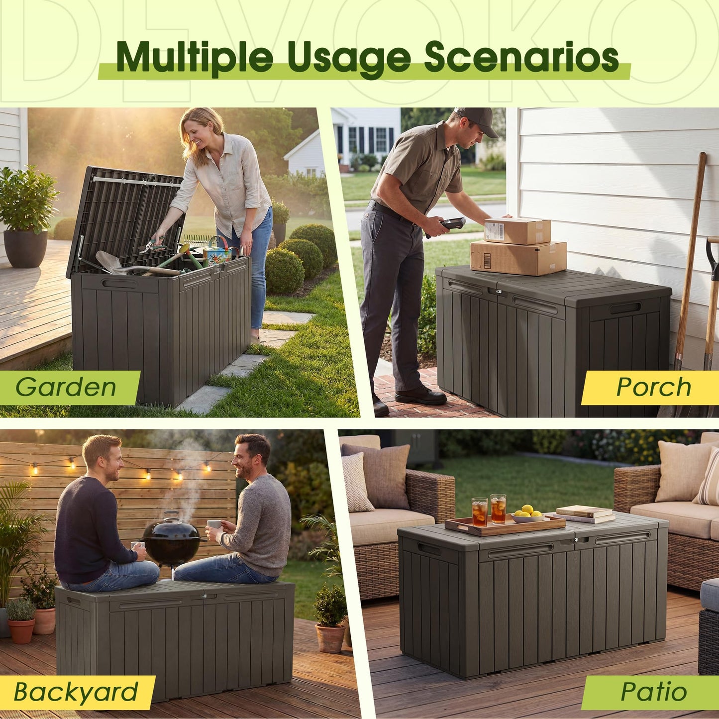 Devoko 100 Gallon Outdoor Storage Box, Waterproof Resin Deck Box for Patio Furniture, Lockable Container for Garden Cushions & Pool Supplies (Brown, 100 Gallon)