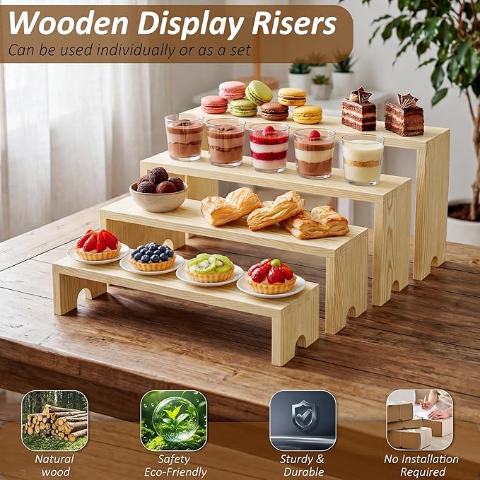 2 Set Wooden Cupcake Stand for Decor, 4 Tiered Stackable Display Risers, Farmhouse Decor Wood Dessert Table Display Set for Party, Vendor Events, Original Wood