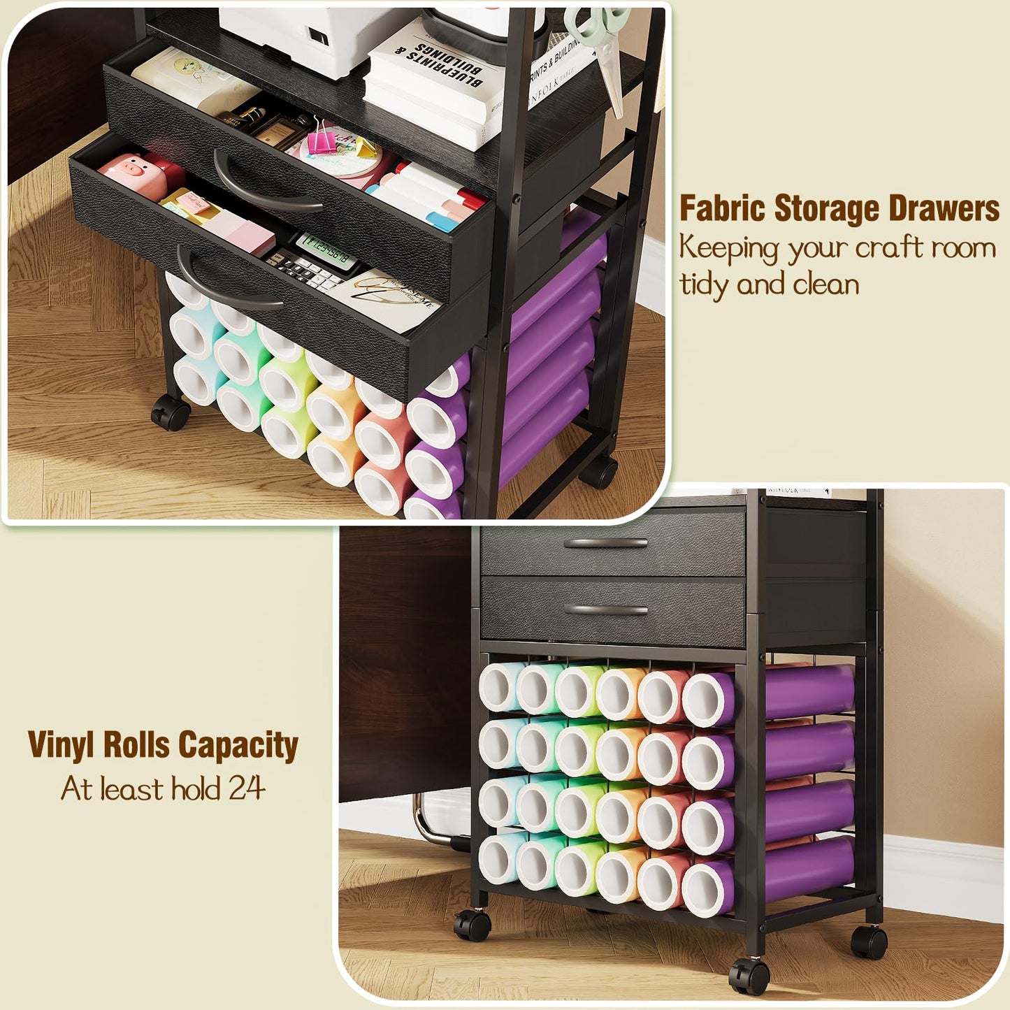 VENNQD Organizer and Storage Stand Compatible with Cricut Machines,Rolling Storage Cart/Shelf with 24 Vinyl Roll Holders，2 Fabric Drawer,Accessories Holder,Tool Hook for Craft Room Home (Black)