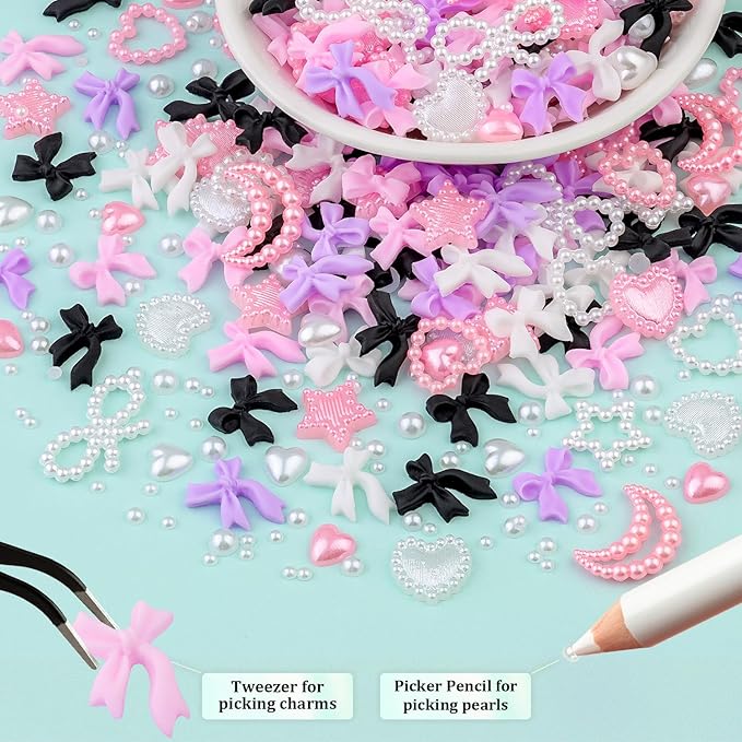 600 Pcs 3D Nail Charms and Flatback Pearls Set 8, 4 Colors Nail Bows Charm + Pink&White Star Heart Moon Cute Nail Jewels + 2-4mm White Nail Pearls for Nail Art DIY Decoration with Pickup Tools