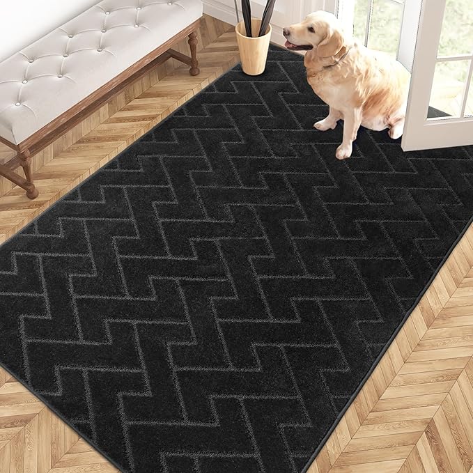 PURRUGS Easy Care Area Rug 4ft x 6ft, Non-Slip Machine Washable Entry Rug, Dog Door Mat, Stain Resistant Accent Rug for Hallway, Bedroom, Living Room and Mudroom, Black