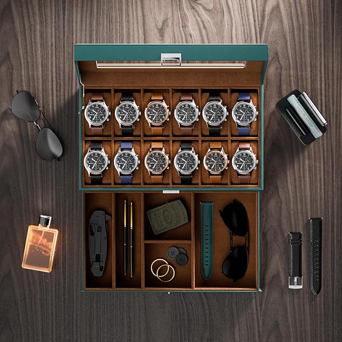 ProCase Watch Box, 12 Slot Mens Watch Case With Drawer, 2-Layer Watch Display Case With Glass Lid, Mens Jewelry Box Storage Holder Organizer, Birthday Valentine Gifts for Men -12Slot, MidnightGreen