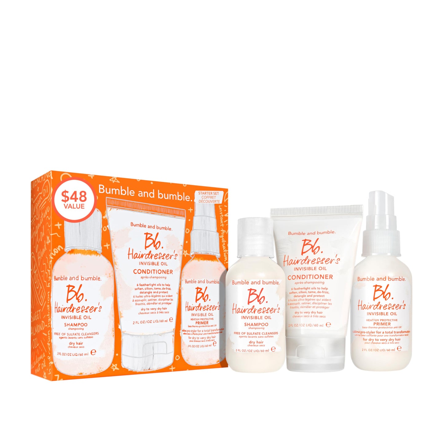 Bumble and bumble. Hairdresser's Invisible Oil Starter Travel Size Gift Set For Dry Hair | Shampoo, Conditioner + Primer | Includes 3 Pieces | $48 Value | Perfect for Gifting, 2 Fl Oz