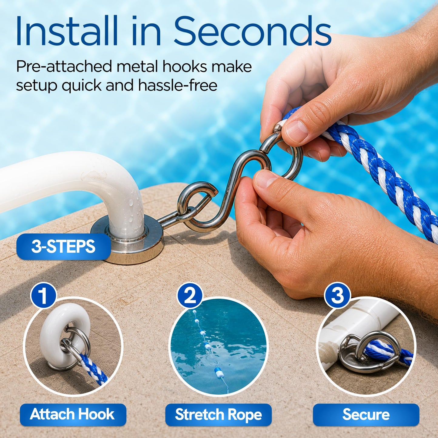 FibroPool 50 ft Pool Safety Rope with 16 Floats – Adjustable Buoy Lane Divider, UV Braided, Chrome Hooks – Shallow & Deep End Line for Inground & Above Ground Swimming Pools