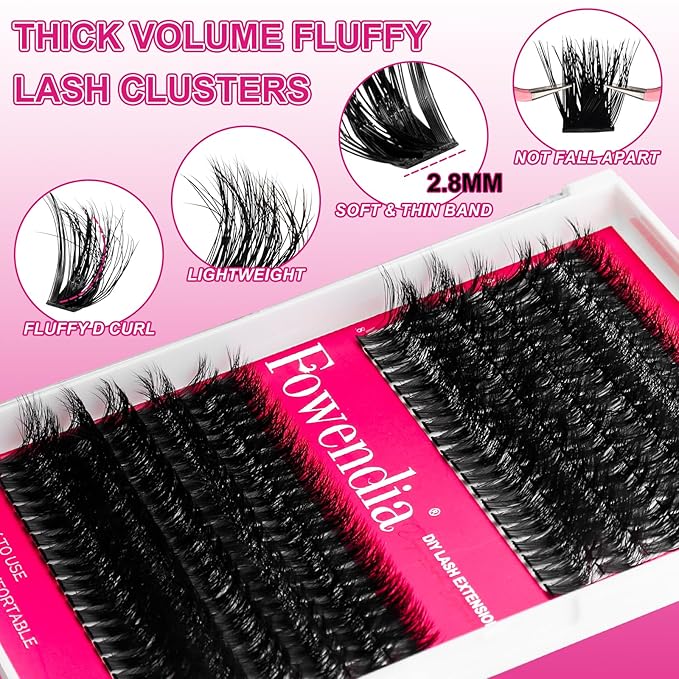 Fowendia Lash Clusters Kit Fluff 80D 100D Individual Lashes D-Curly Cluster Eyelash Extensions 10-18mm DIY Lash Extension Kit Lash Bond and Seal Waterproof, Lash Applicator, Thick False Eyelashes Kit
