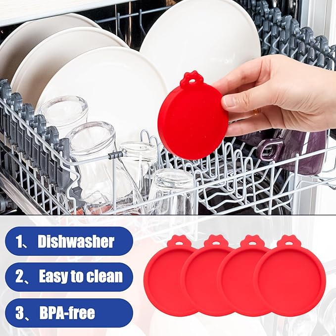 PINE & LINEN 4 Pcs 2.5inch Durable Pet Can Lids, Silicone Small Pet Can Covers Waterproof Cat Food Cans Lids for 3 oz Cat Food Cans（Red）