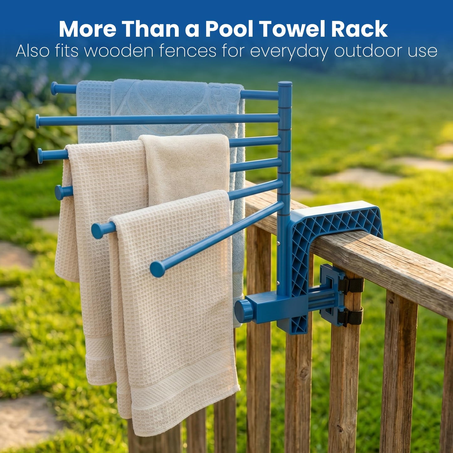 Aquajoyer Poolside Pool Towel Rack Outdoor for Above Ground Round Pools, Stainless Steel Swivel Pool Towel Holder 6 Bars Towel Dying Rack Towel Stand for Above Ground Pool Accessories [Patent Pending]