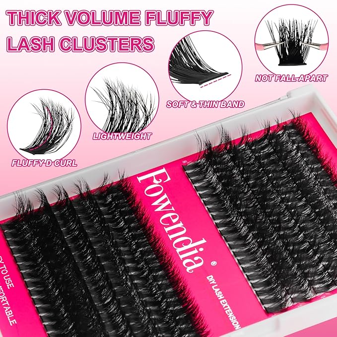 Fowendia Lash Clusters Kit Fluffy 60D 80D Individual Lashes D Curl Cluster Eyelash Extensions 10-18mm DIY Lash Extension Kit Lash Bond and Seal Waterproof, Lash Applicator, Thick False Eyelashes Kit
