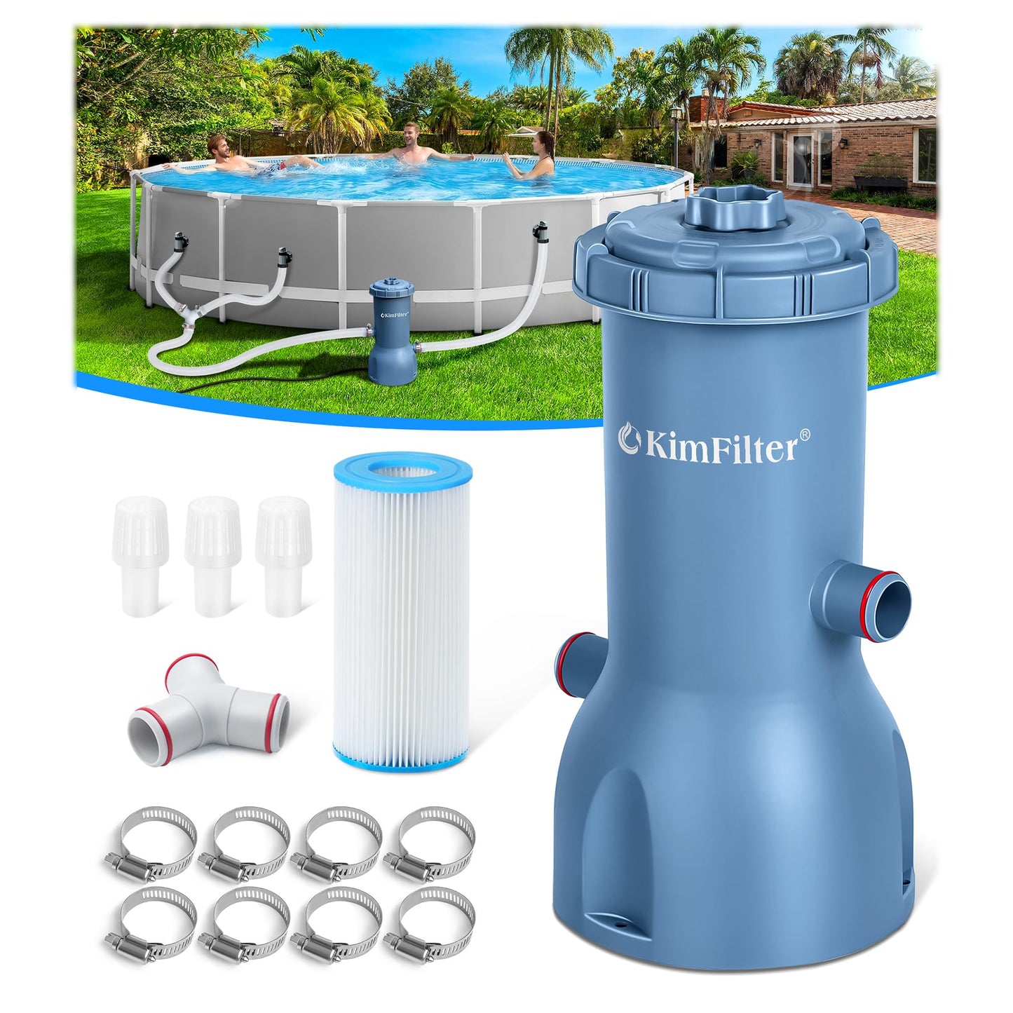 KimFilter Pro Series 1000 GPH Above Ground Pool Filter Pump, Powerful Pool Cartridge Filter Pump, Water Circulation and Filtration System -Improved Water Clean & Clarity, Pools Pumps Above Ground-Gray