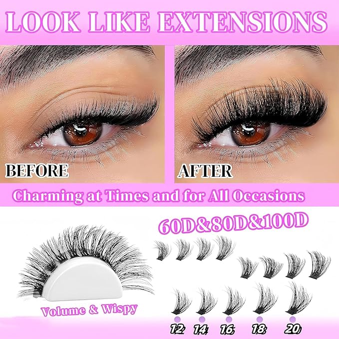 YIDUO Eyelash Extension Kit with 2X Bond&Seal 10-20mm 60D+80D+100D Volume 3D Lash Clusters Kit 3 Styles 760Pcs Wispy Natural Soft DIY Individual Lash Clusters Kit Box for Beginners