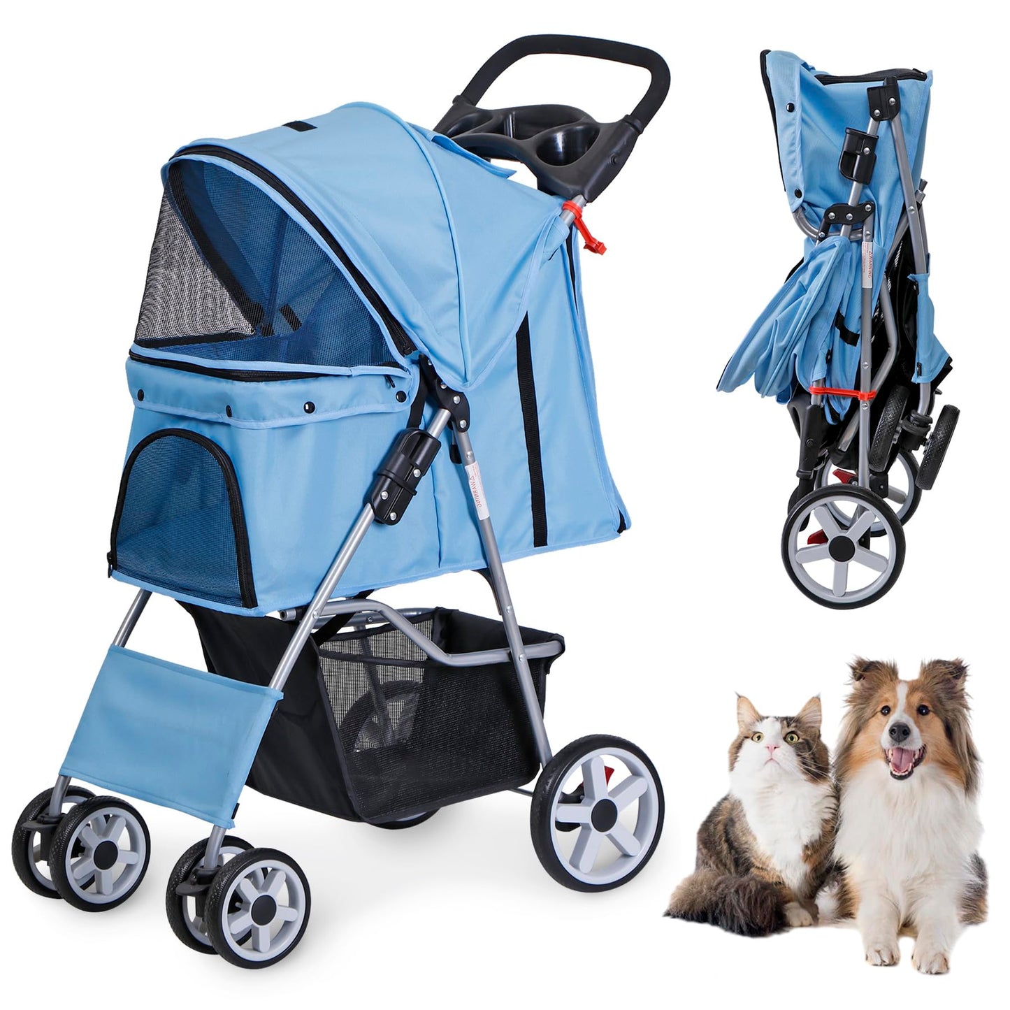 LEMY Pet Stroller,4 Wheels Dog Cat Stroller for Small Medium Dog Cats Carrier Jogger Travel Foldable Puppy with Storage Basket and Cup Holder(Blue)