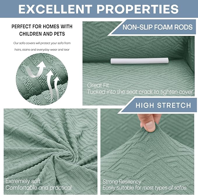 ZNSAYOTX 1 Piece Jacquard Couch Covers for 3 Cushion Couch Living Room High Stretch Sofa Cover Pets Dogs Friendly Anti Slip Thickened Slipcovers Furniture Protector (Large,New Pattern Pea Green)